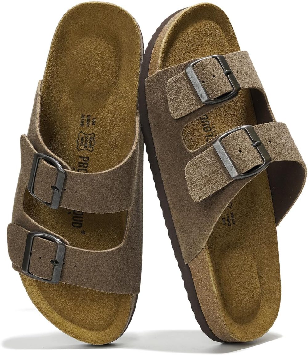 Genuine Leather Mens Sandals with Memory Foam Natural Cork Footbed Slides for Men Footwear - Non-Slip Double-Strap Buckle Sandals (Arizona)