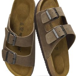 Genuine Leather Mens Sandals with Memory Foam Natural Cork Footbed Slides for Men Footwear - Non-Slip Double-Strap Buckle Sandals (Arizona)