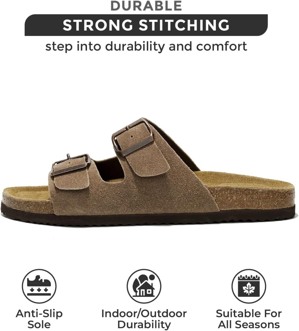 Genuine Leather Mens Sandals with Memory Foam Natural Cork Footbed Slides for Men Footwear - Non-Slip Double-Strap Buckle Sandals (Arizona) - Image 3