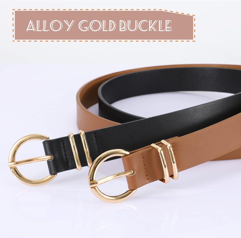 2 Pack Women's Leather Belts for Jeans Dresses Fashion Gold Buckle Ladies Belt - Image 3