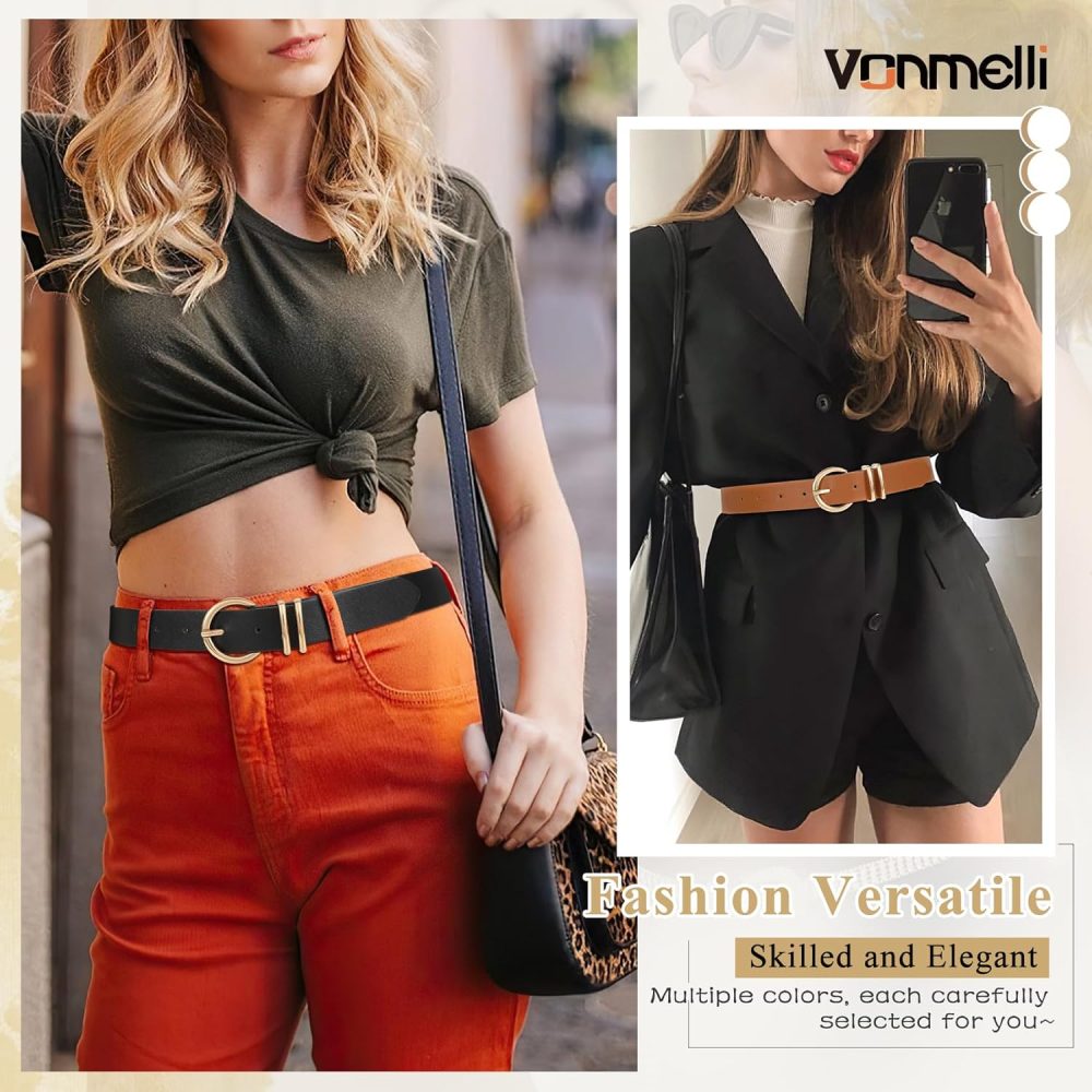2 Pack Women's Leather Belts for Jeans Dresses Fashion Gold Buckle Ladies Belt - Image 4