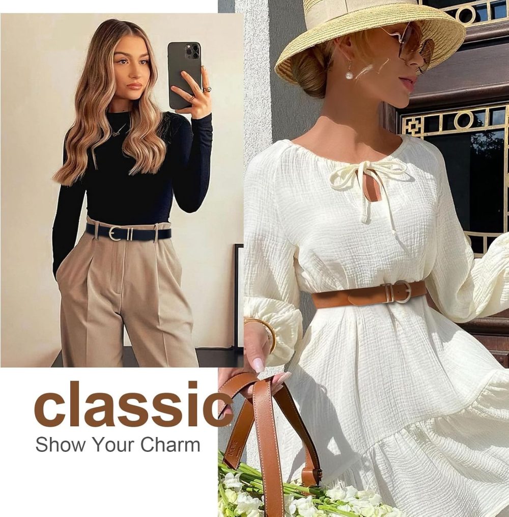2 Pack Women's Leather Belts for Jeans Dresses Fashion Gold Buckle Ladies Belt - Image 5